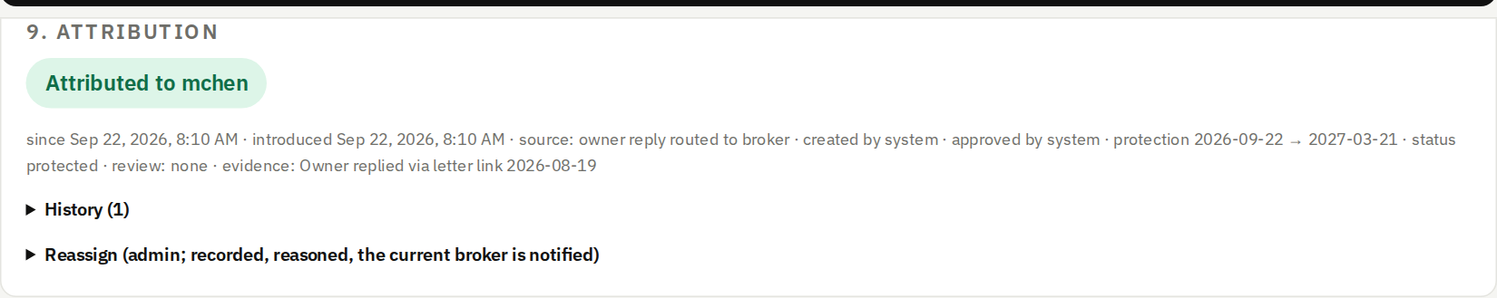 Attribution record showing the broker who introduced the property